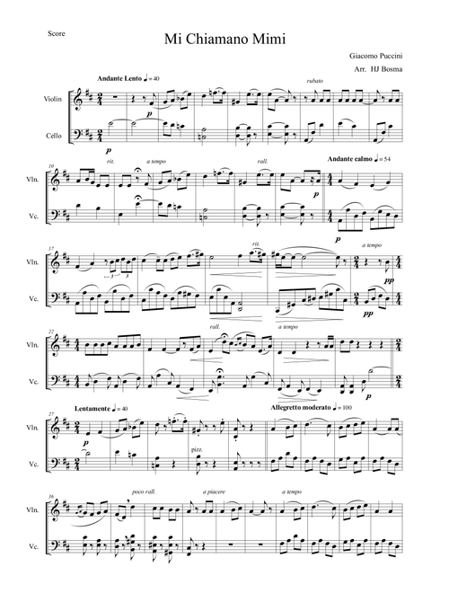 Puccini - Mi Chiamano Mimi - for string duet (violin/cello) (Arr. HJ Bosma) (Instrumental Duet)