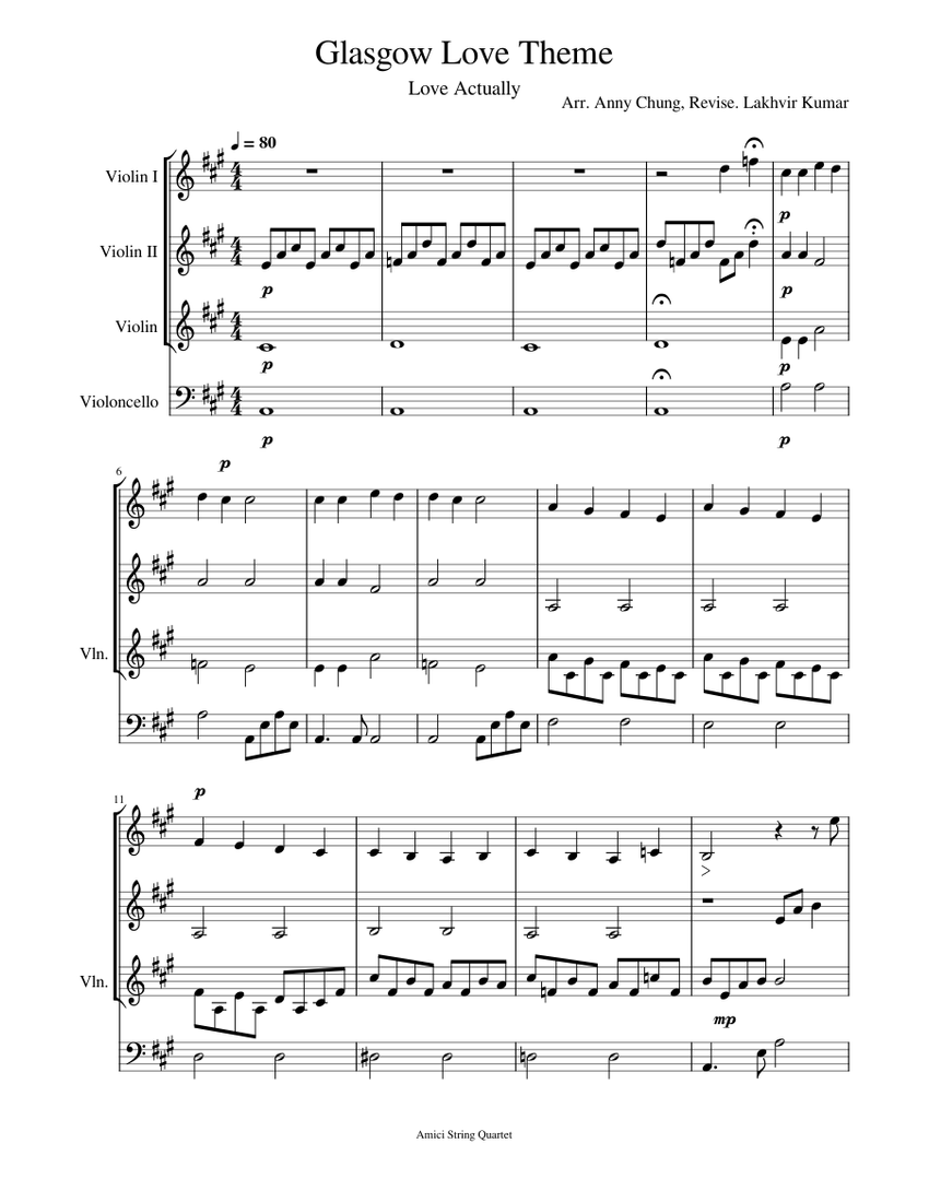 Glasgow Love Theme Sheet music for Violin, Cello (String Quartet) Glasgow Love Theme Sheet music for Violin, Cello (String Quartet)