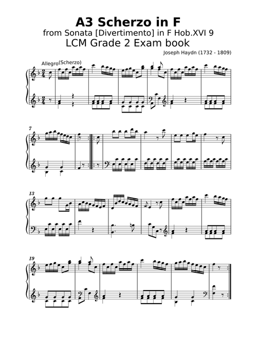 LCM Grade 2 A3 Scherzo in F from Sonata  Divertimento  in F Hob