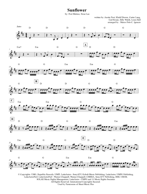 Sunflower (Arr. Marco Polo C. Ignacio) - Post Malone & Swae Lee (Lead Sheet - Fake Book)