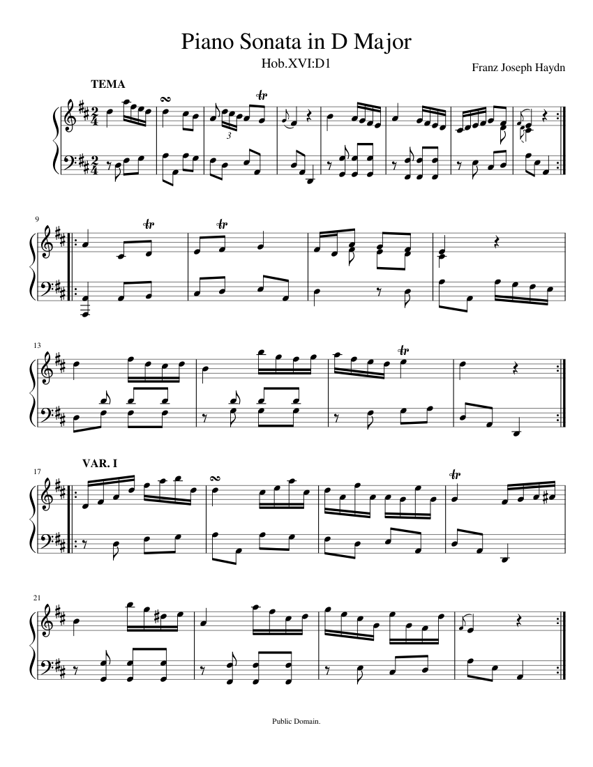 Keyboard Sonata in D Major Haydn Hob.XVI:D1 Sheet Music for Piano