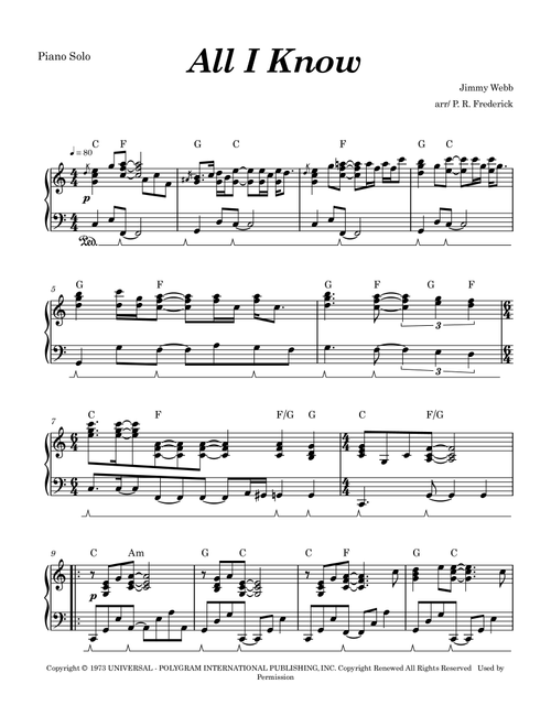 All I Know (Arr. P. R. Frederick) - Jimmy Webb (Piano Solo)