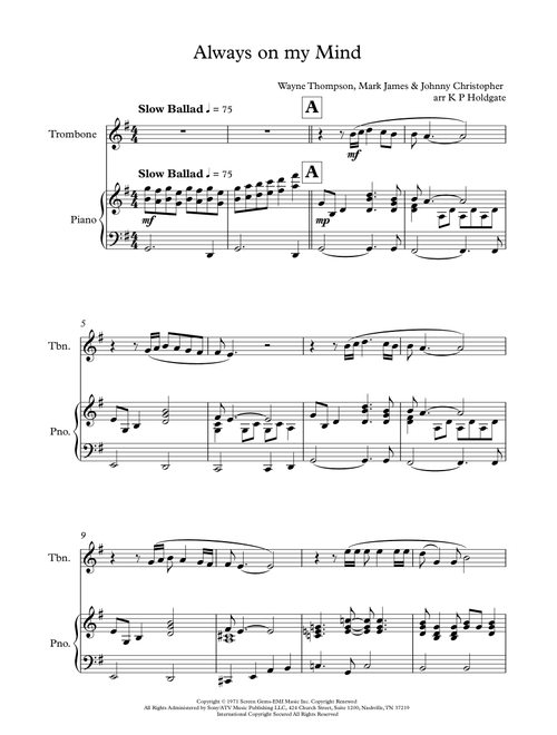 Always On My Mind (Arr. Kevin P Holdgate) - Elvis Presley (Trombone and Piano)