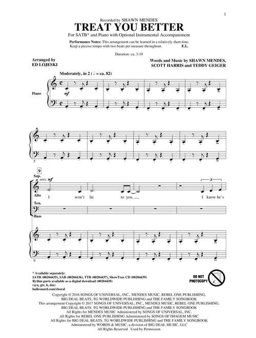 Treat You Better (arr. Ed Lojeski) - Shawn Mendes (Choral, SATB)