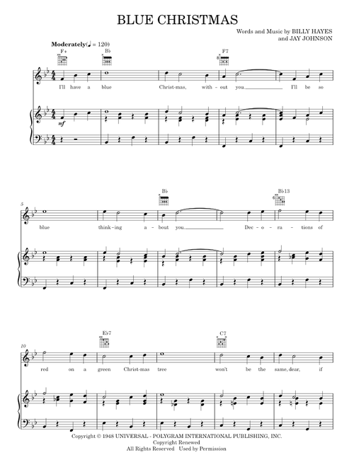 Blue Christmas - Elvis Presley, Melissa Etheridge (Piano-Vocal-Guitar)