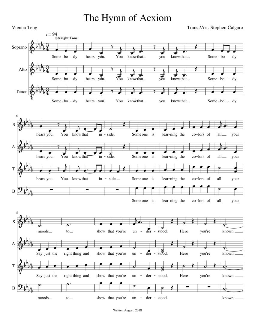 The Hymn of Acxiom Vienna Teng (SSAATTBB) Sheet music for Piano (A