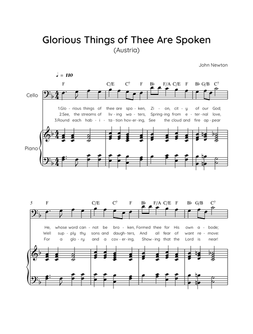 Glorious Things of Thee Are Spoken (Austria) - Cello with Piano in F Easy with Chords and Lyrics (Arr. MissoRB) - John Newton (Cello and Piano)