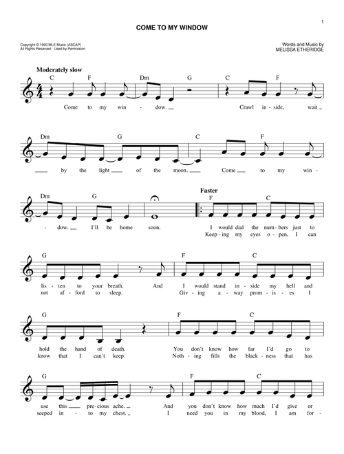 Come To My Window - Melissa Etheridge (Easy Lead Sheet - Fake Book)