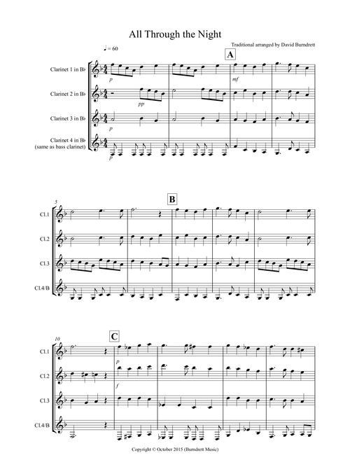 All Through the Night for Clarinet Quartet (Arr. David Burndrett) - Traditional (Clarinet Solo)