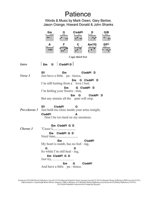 Patience - Take That (Guitar Chords-Lyrics)