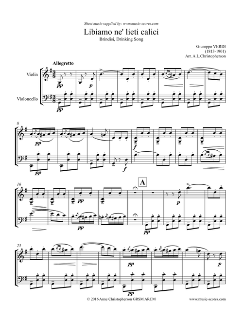 Verdi: Libiamo ne lieti calici - Brindisi from La Traviata - Violin & Cello (Arr. Music-Scores.com) - Verdi Giuseppe (Instrumental Duet)