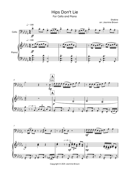 Hips Don't Lie (Arr. Jasmine Brown) - Shakira Featuring Wyclef Jean (Cello and Piano)