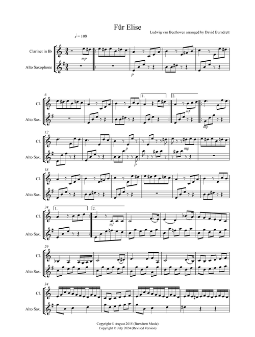 Fur Elise for Clarinet and Alto Saxophone Duet (Arr. David Burndrett) - Ludwig Van Beethoven (Instrumental Duet)