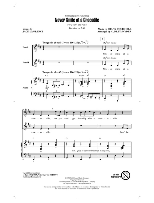 Never Smile At A Crocodile (Arr. Audrey Snyder) - Frank Churchill (Choral, 2-Part)
