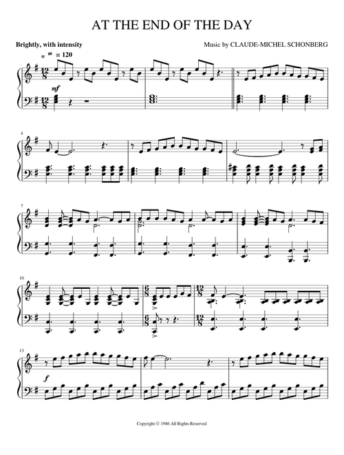 AT THE END OF THE DAY - Les Mis - Intermediate Piano Solo