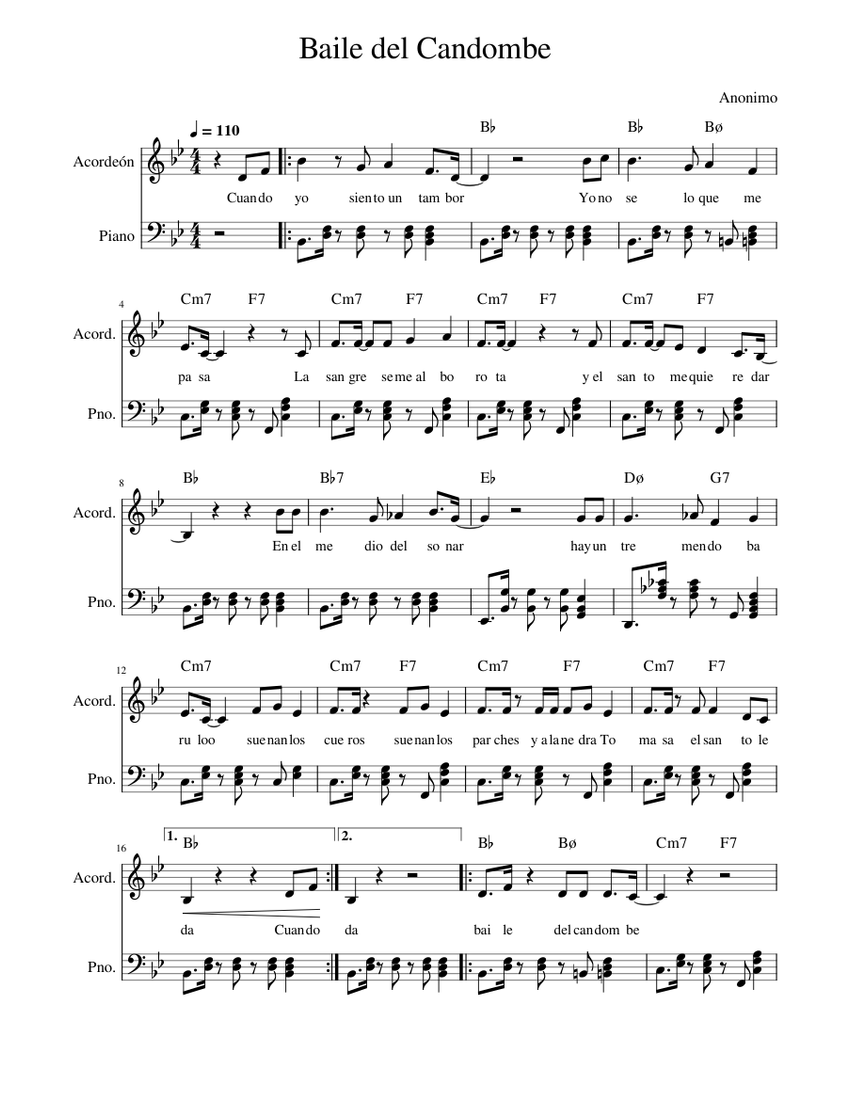 Baile del Candombe Sheet Music with Chords for Piano, Accordion (Piano ...