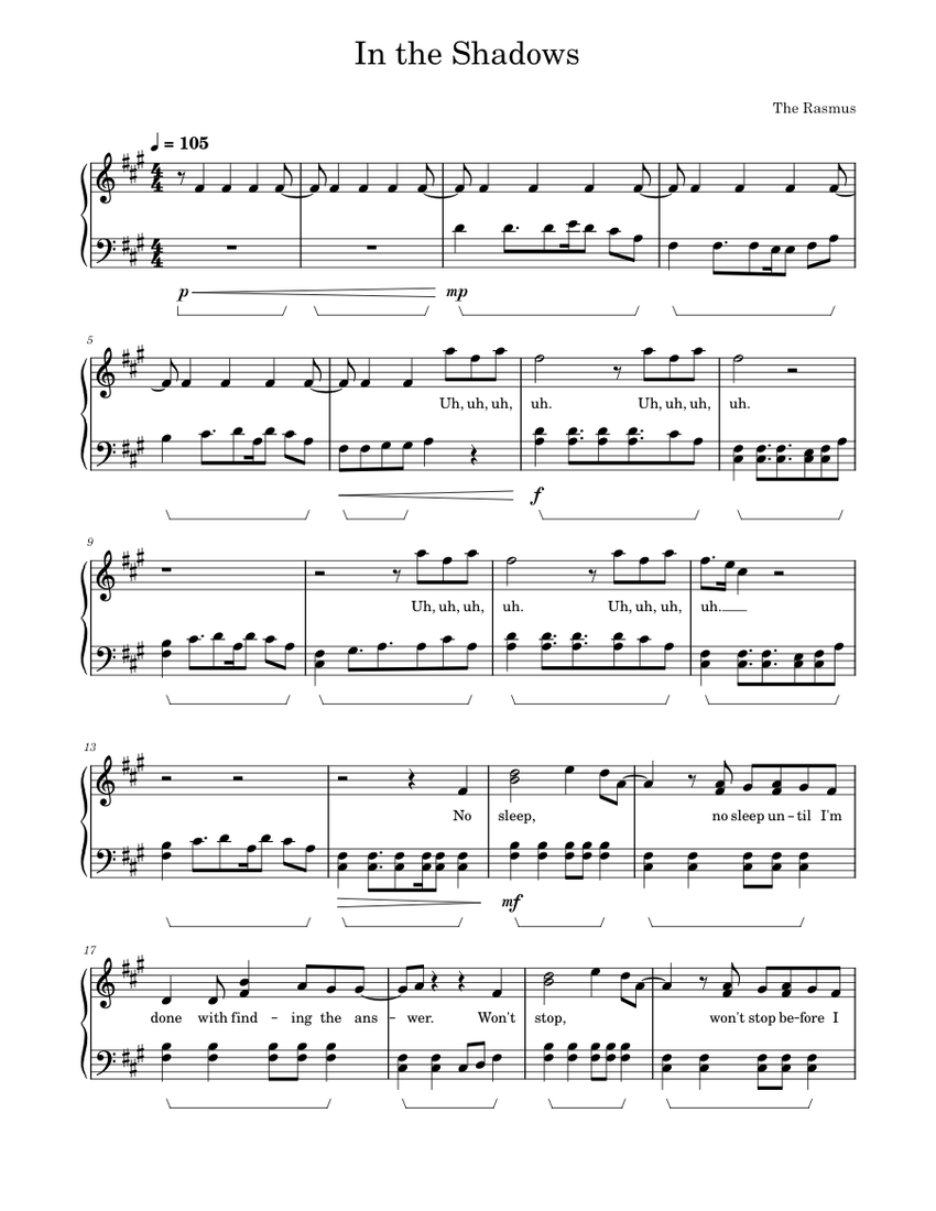 In the Shadows – The Rasmus Sheet Music for Piano (Solo