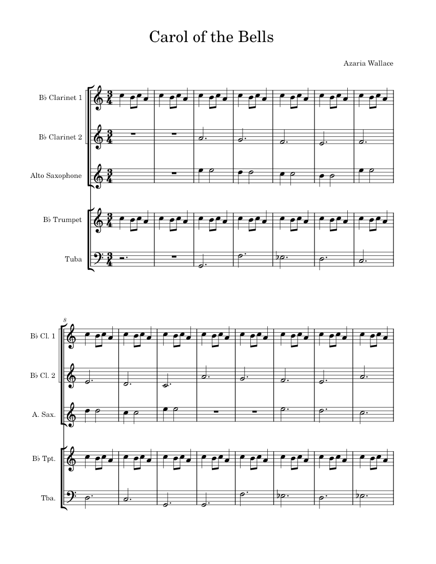 Carol Of The Bells Sheet Music for Tuba, Clarinet in b-flat, Saxophone ...