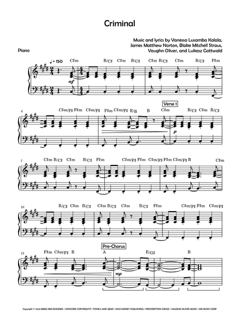 Criminal (Arr. David Lartey) - Lu Kala (Easy Piano)