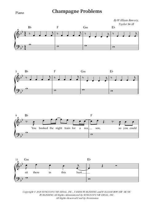 Champagne Problems (Arr. Wesley S. SIlva) - Taylor Swift (Piano-Vocal-Guitar (Piano Accompaniment))