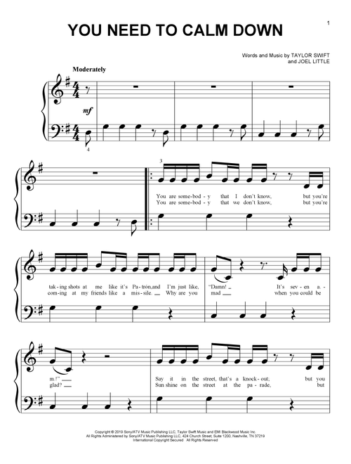 You Need To Calm Down - Taylor Swift (Big Note Piano)