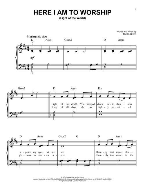 Here I Am To Worship (Light Of The World) - Phillips Craig & Dean, Tim Hughes (Very Easy Piano)