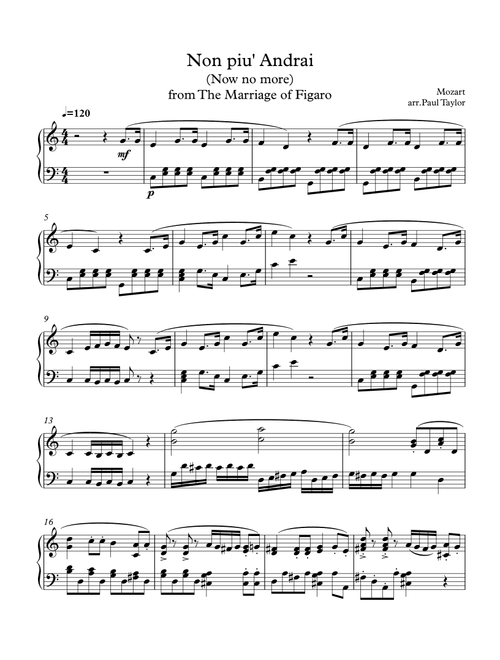 Non piu' andrai from Mozart's "The Marriage of Figaro" (Arr. Paul Franklyn Taylor) (Piano Solo)