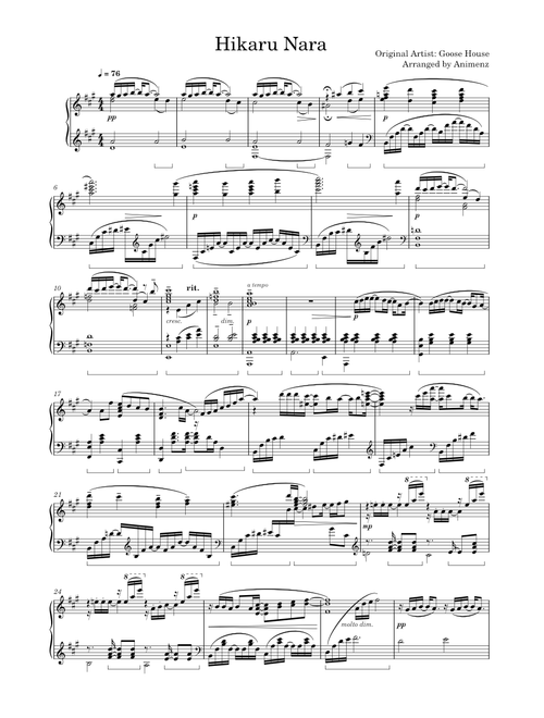 Goose House - Hikaru Nara (光るなら) Animenz arr. | Transcription