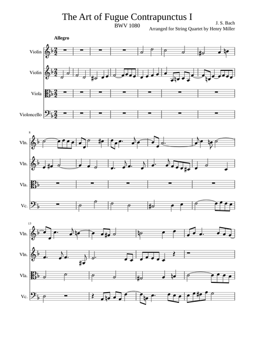 The Art of Fugue Contrapunctus 1, String Quartet 