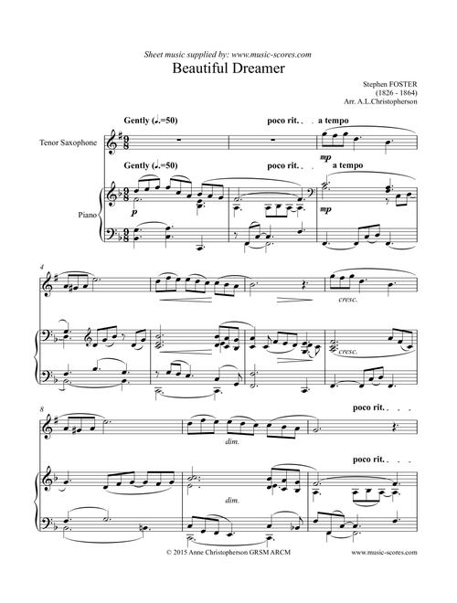 Beautiful Dreamer - Tenor Saxophone and Piano (Arr. Anne L Christopherson GRSM ARCM) - Foster, Stephen (Tenor Sax and Piano)
