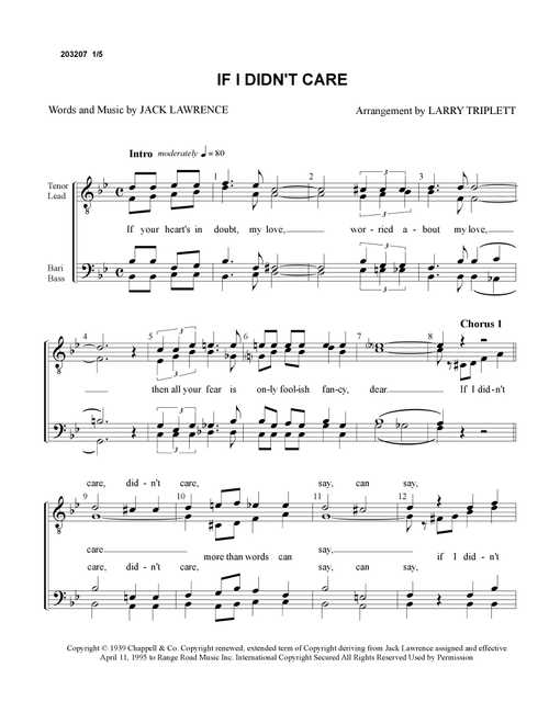 If I Didn't Care (Arr. Larry Triplett) - Jack Lawrence (Choral, TTBB)