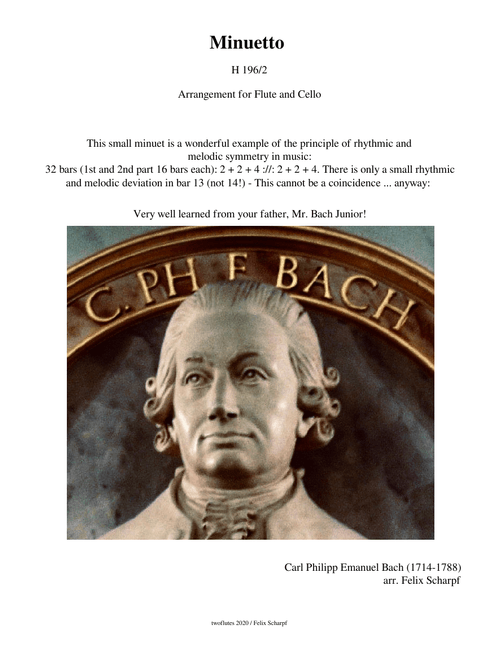 Bach, Carl Philipp Emanuel - Minuetto (H 196:2) arr. for Flute and Cello
