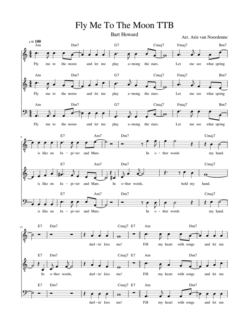 Fly Me To The Moon TTB Sheet Music with Chords for Tenor, Bass