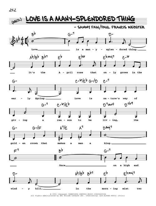 Love Is A Many-Splendored Thing (Low Voice) - Four Aces (Real Book - Melody-Chords-Lyrics)