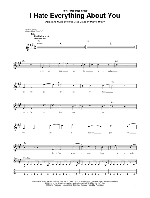 I Hate Everything About You - Three Days Grace (Bass Tab)