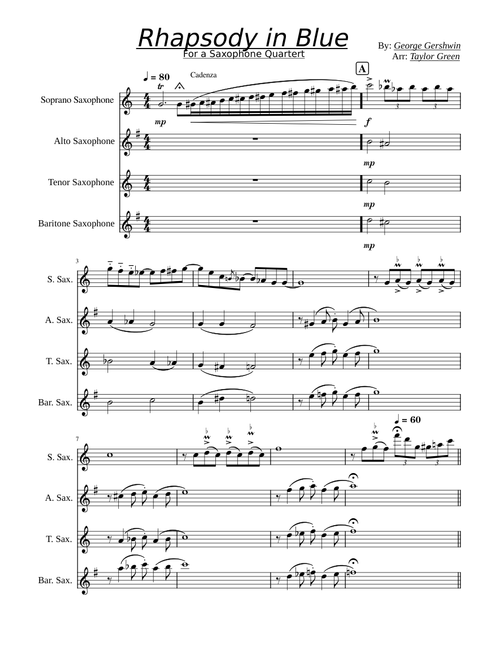Rhapsody in Blue – George Gershwin - For a Saxophone Quartet