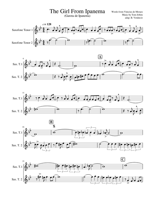 The Girl From Ipanema (Garota de Ipanema) Sax Tenor Duet