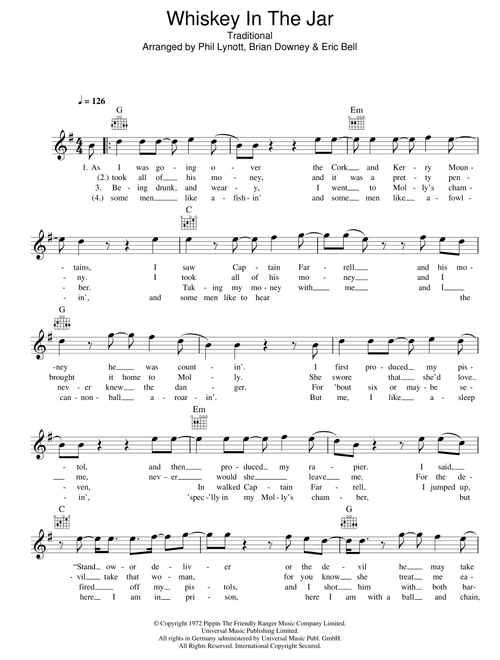 Whiskey In The Jar (Arr. Phil Lynott) - Thin Lizzy (Lead Sheet - Fake Book)
