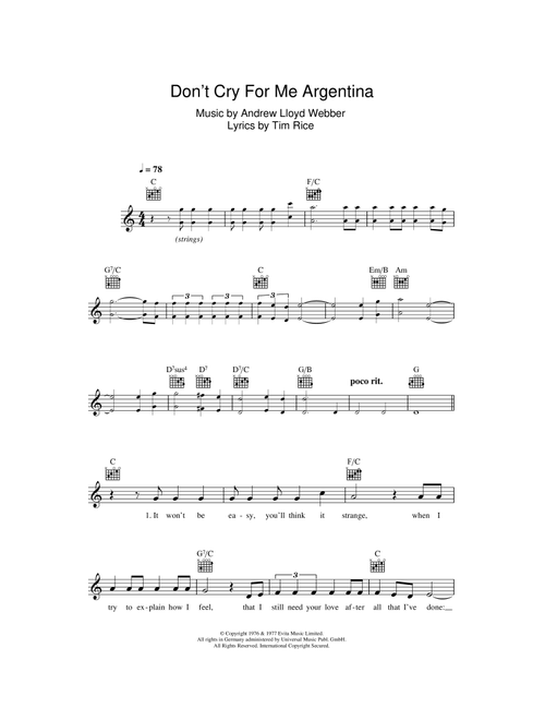 Don't Cry For Me Argentina - Andrew Lloyd Webber (Lead Sheet - Fake Book)