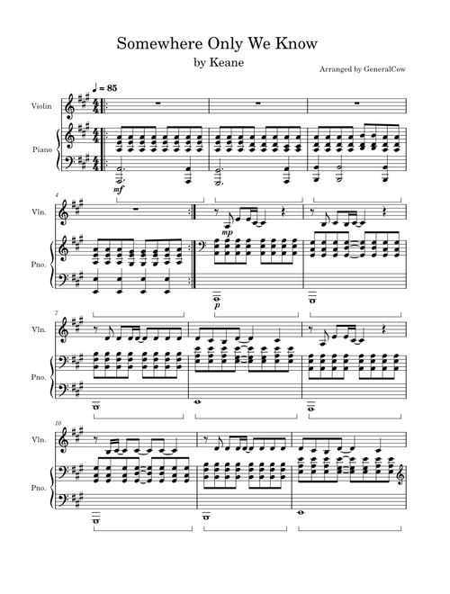 Somewhere only we know – Keane (Violin Solo w/ Piano Accompaniment)