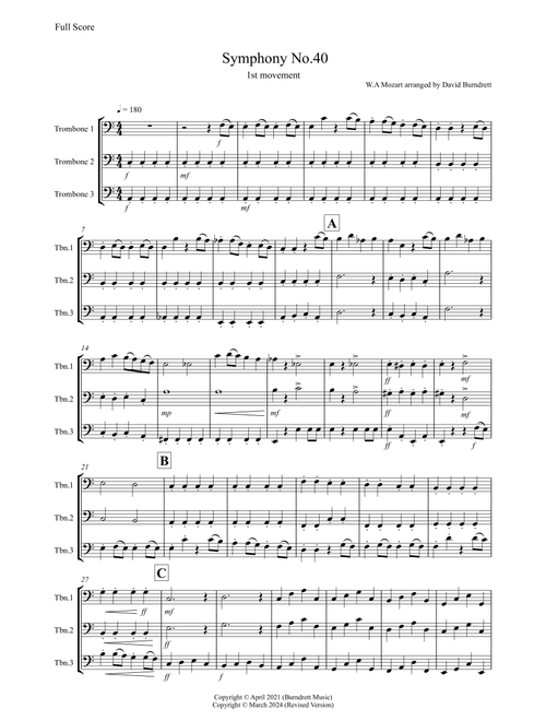 Symphony No.40 (1st movement) for Trombone Trio (Arr. David Burndrett) - Wolfgang Amadeus Mozart (Small Ensemble)
