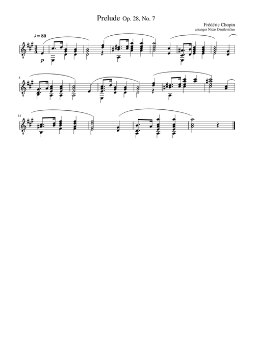 Frederic Chopin Prelude Op. 28, No 7 arranged for guitar
