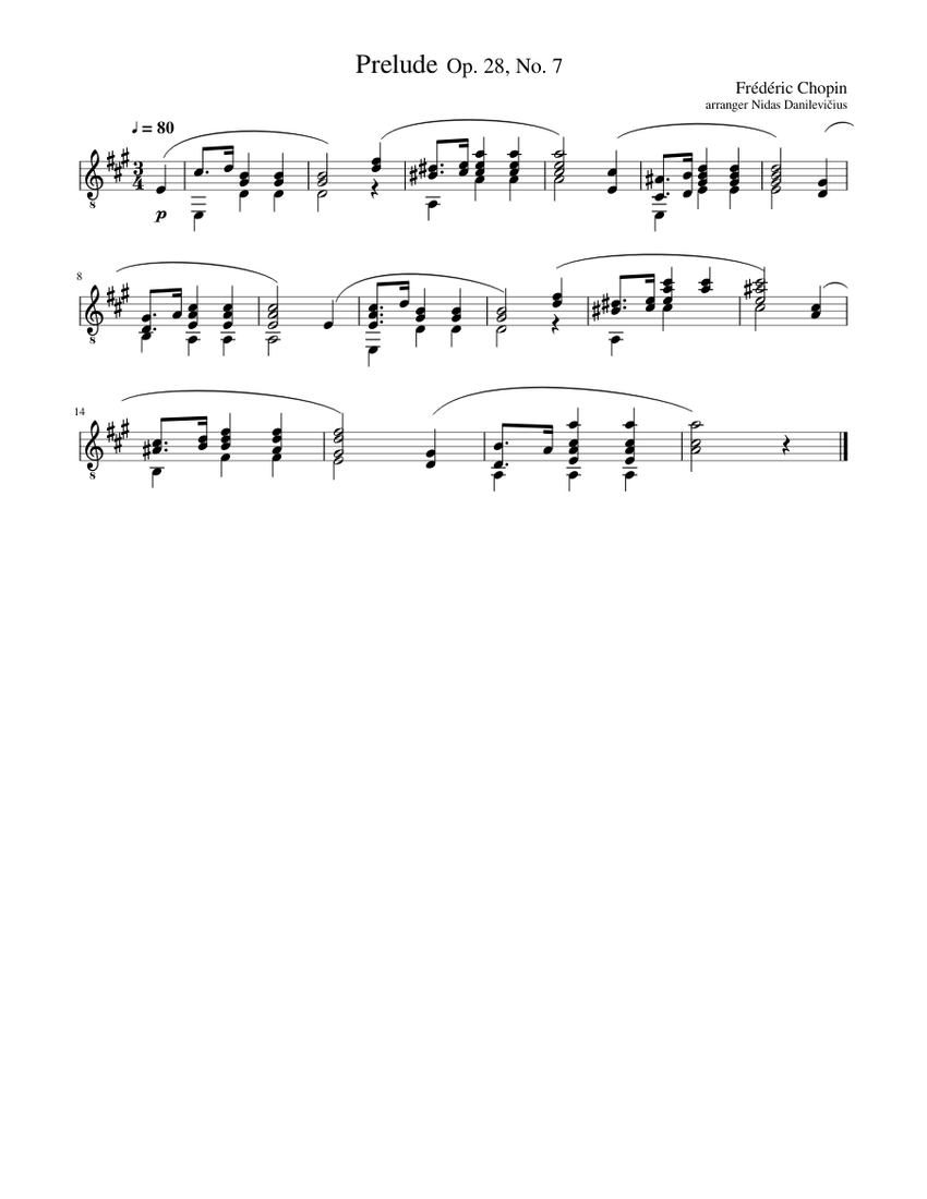 Frederic Chopin Prelude Op. 28, No 7 arranged for guitar