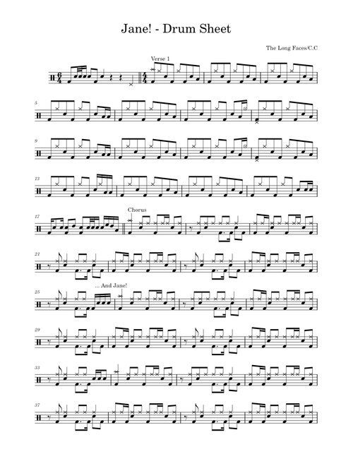 Jane! – The Long Faces - Drum Sheet Music