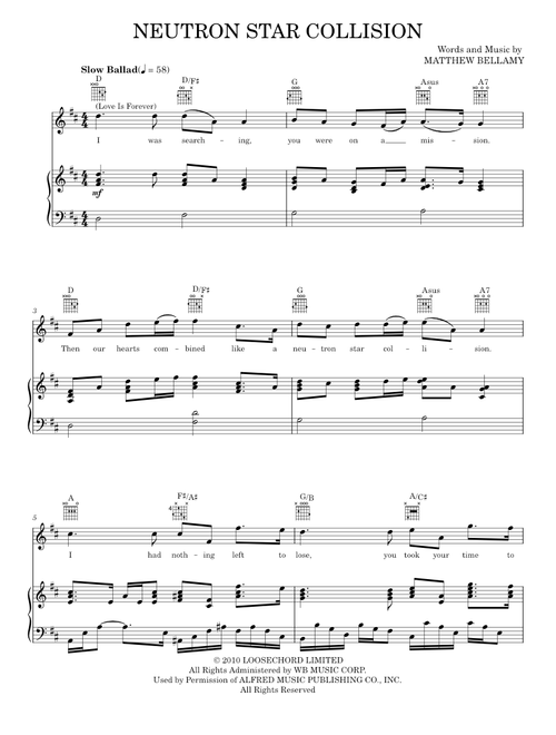 Neutron Star Collision (Love Is Forever) - Matthew Bellamy, Muse, Twilight: Eclipse Movie (Piano-Vocal-Guitar)