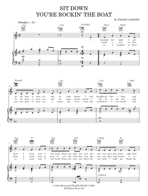 Sit Down You're Rockin' The Boat - Frank Loesser, Guys And Dolls Musical (Piano-Vocal-Guitar)