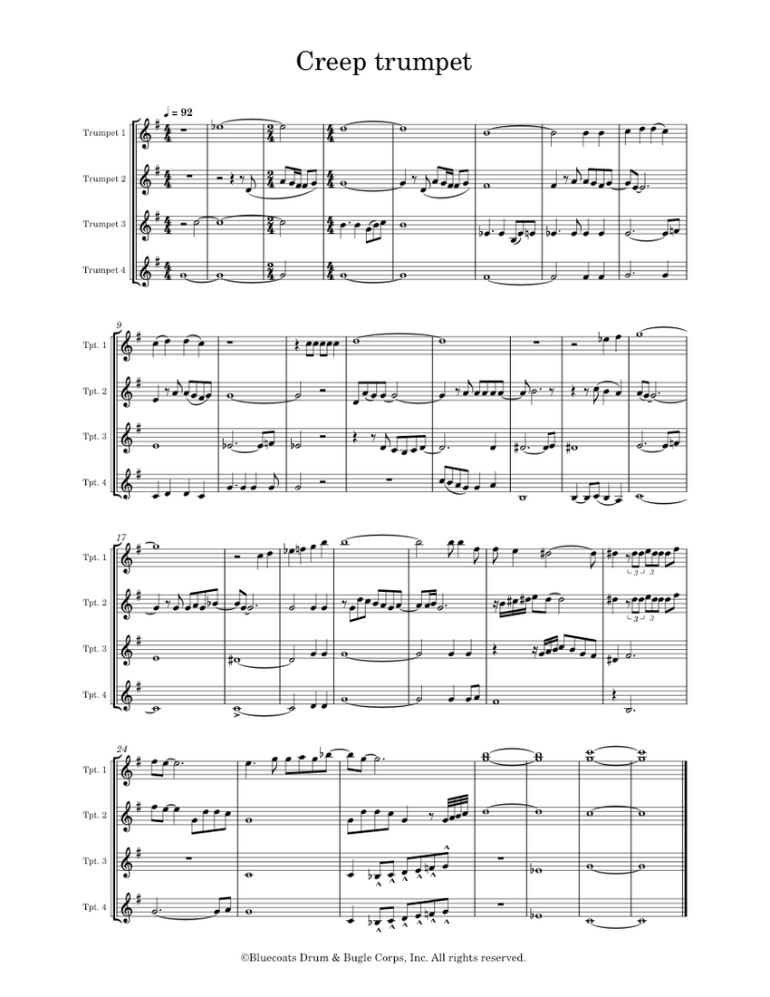 Creep Trumpet Sheet music for Trumpet in bflat (Brass Quartet