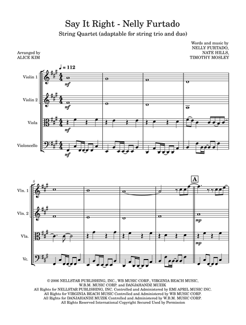 Say It Right (Arr. Alice Kim) - Nelly Furtado (String Quartet)