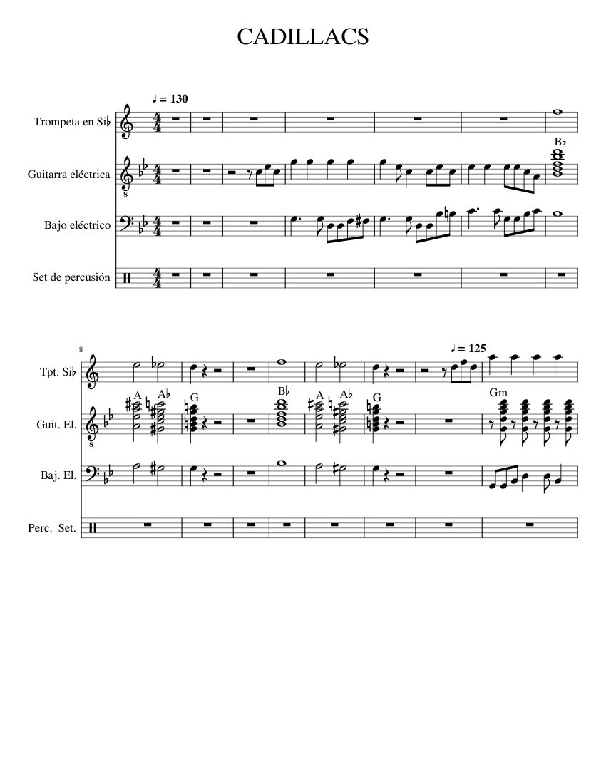 CADILLACS Sheet music for Trumpet in bflat, Guitar, Bass guitar, Drum