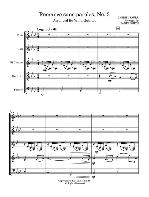 Romance sans paroles (Op. 17), No. 3 for Wind Quintet (Arr. James Smith) - Gabriel Fauré (Woodwind Ensemble)
